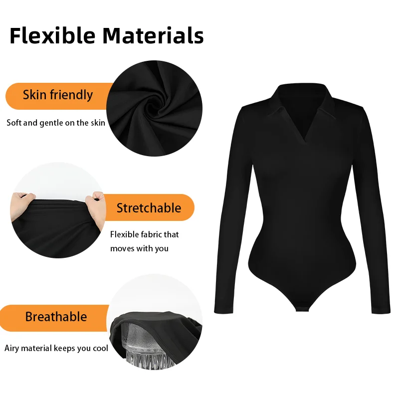 Women Sexy Long Sleeve Bodysuit Turn-down Collar V Neck Shapewear Tummy Control Butt Lift Shirt  Seamless Compression