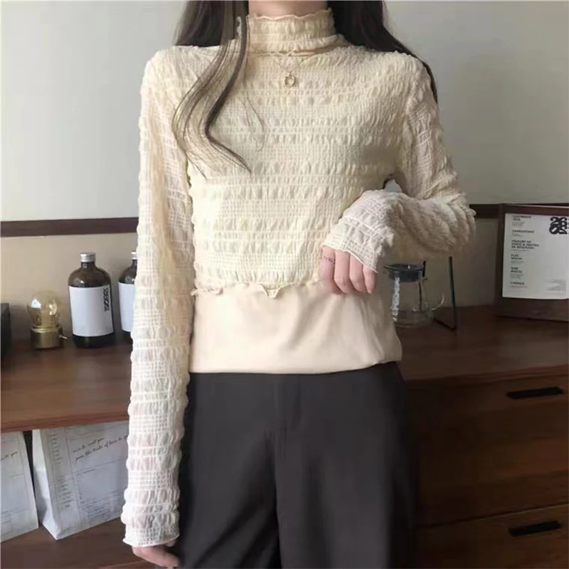 Autumn Winter Plus Fleece Bottoming Shirt Women Elegant Lace Half-High Collar Innerwear Tops Casual All-Match Slim Fit Blouse