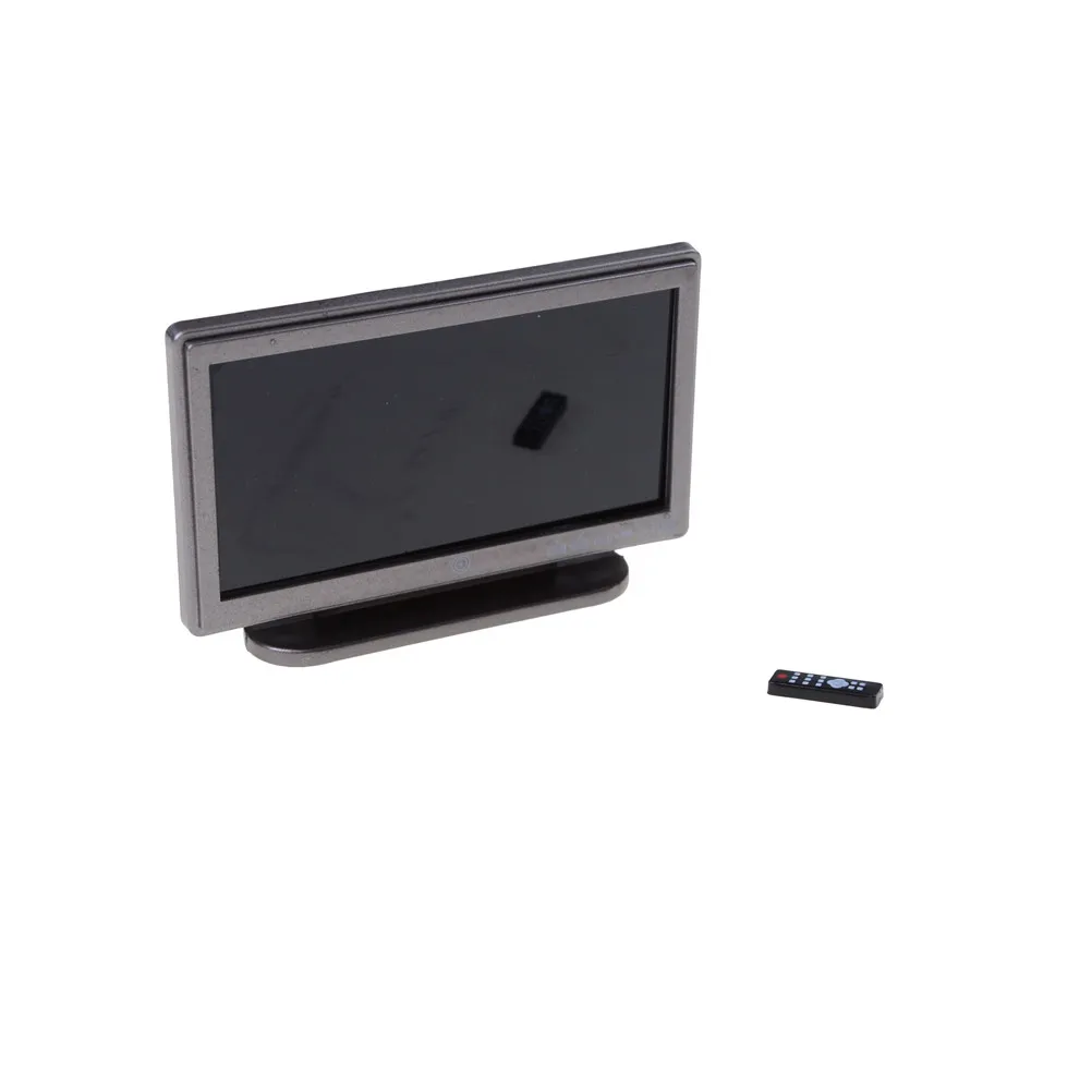 Newest Dollhouse Miniature Wide Screen Television Flat-Panel LCD TV Remote Gray Classic Pretend Play Toys for Child