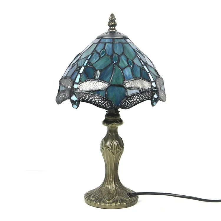 LongHuiJing Tiffany Stained Glass table lamp Restaurant Crystal desk Lamps Mediterranean Blue Dragonfly Desk Light