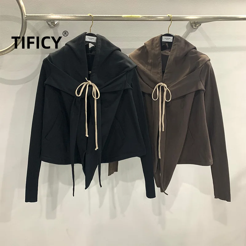 TIFICY-Moletom com capuz grande mago feminino, moletom com capuz, casaco curto monocromático, algodão, casaco preto de rua, moda High Street