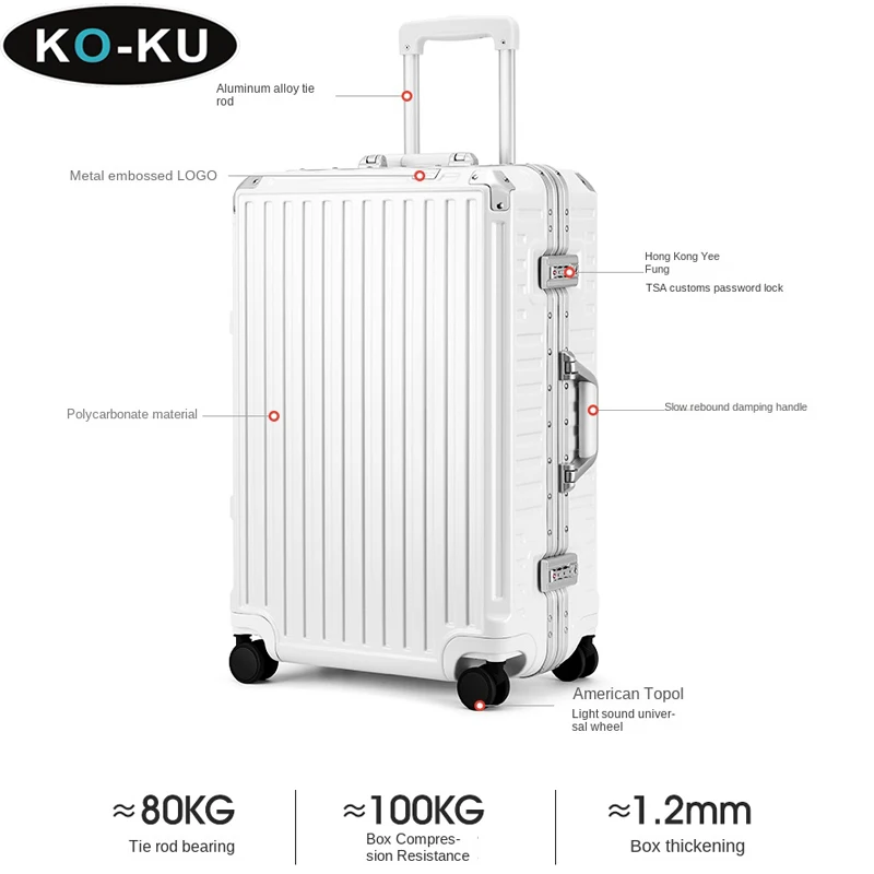 KO-KU New Luggage Ins Internet Famous Aluminum Frame Silent Universal Wheels 24/26/28 Travel Suitcase 20 Inch Boarding Case