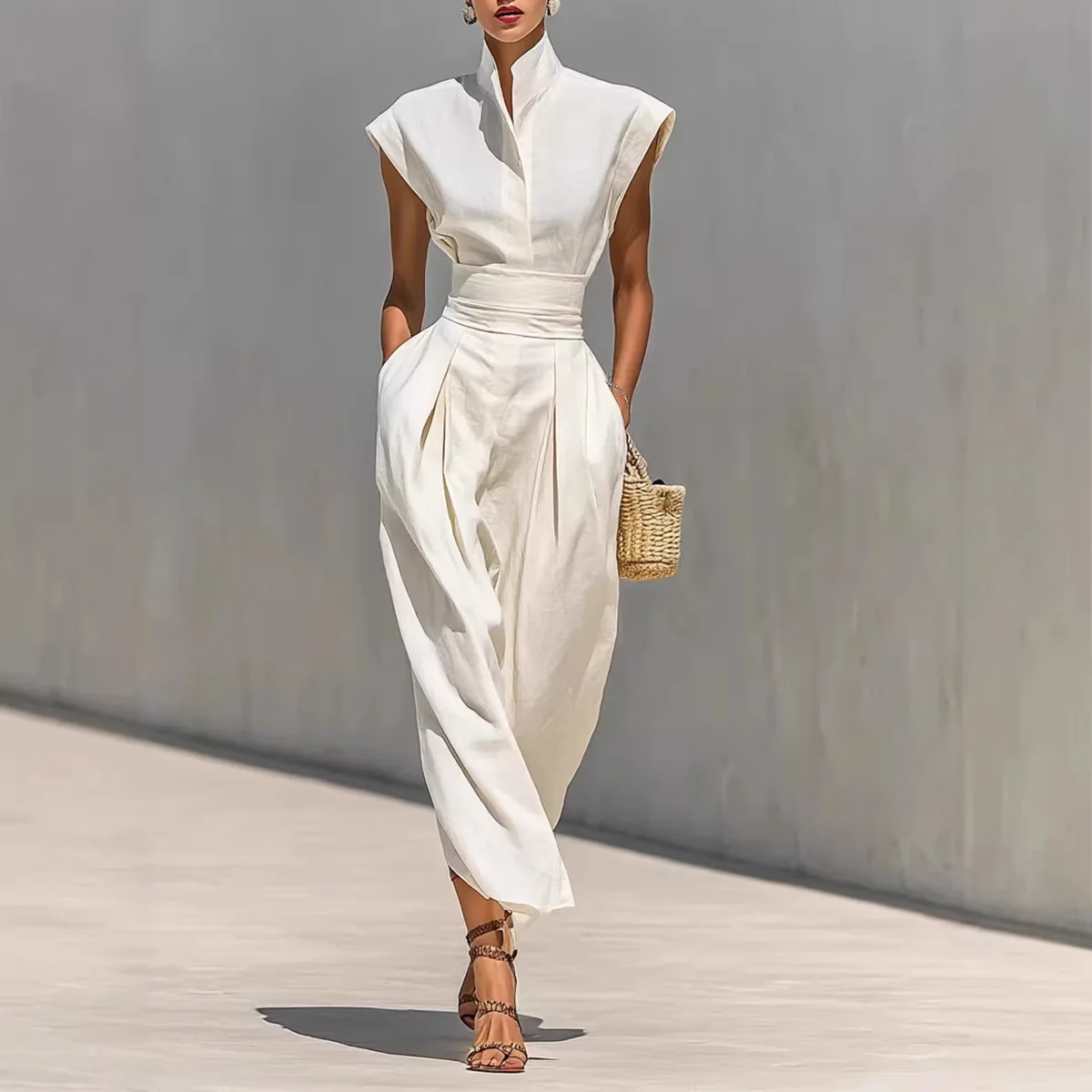 

New Summer Elegant Party Dress Spring Summer Solid Stand Collar Sleeveless Patchwork Maxi Dress Fashion High Street Office Dress