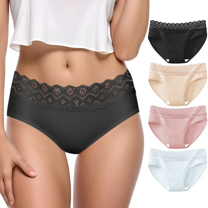 

Sexy Ice Silk Lace Femme Lingerie Seamless Cotton Crotch Underwear Breathable Soft Women Panties Middle Waist Butt Lift Briefs