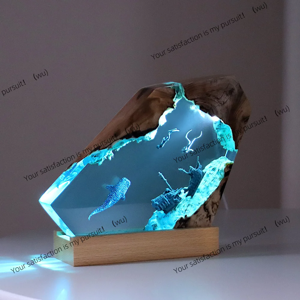 Office Desktop Creative Ocean Art Home Accessories Ornament Gift Wreck Humpback Whale Solid Wood Resin Light