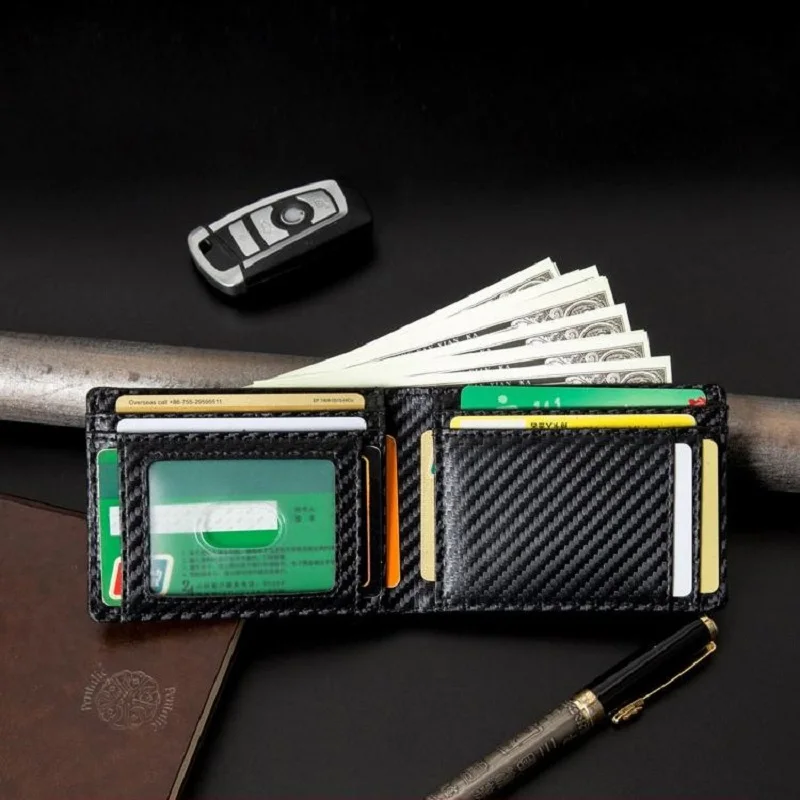 Slim Genuine Leather Wallet for Men Airtag Hidden Carbon Fiber Pattern Bifold Wallet Man RFID Blocking Credit Card Holder Purse