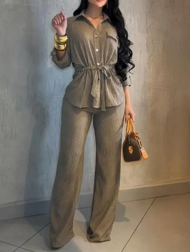 

2-piece retro collar, rolled up sleeves, button up front pocket design, waist drawstring top, elastic waist, wide leg pants set