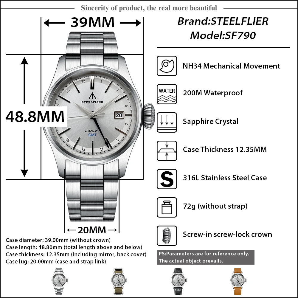 STEELFLIER Official SF790 GMT Mechanical Watch Blue Pointer NH34 Movement Big Crown Fashion Business 200M Waterproof Wristwatch