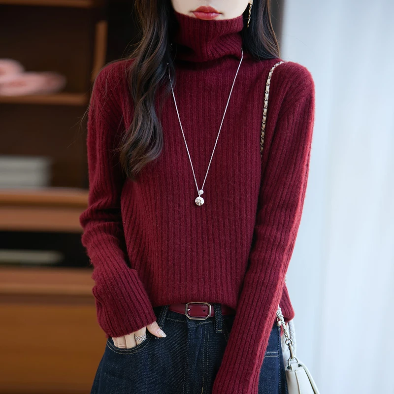 

Autumn Winter Women 100% Merino Wool Sweater Striped Turtleneck Knitted Pullover Casual Thick long Sleeve Cashmere Clothing Tops