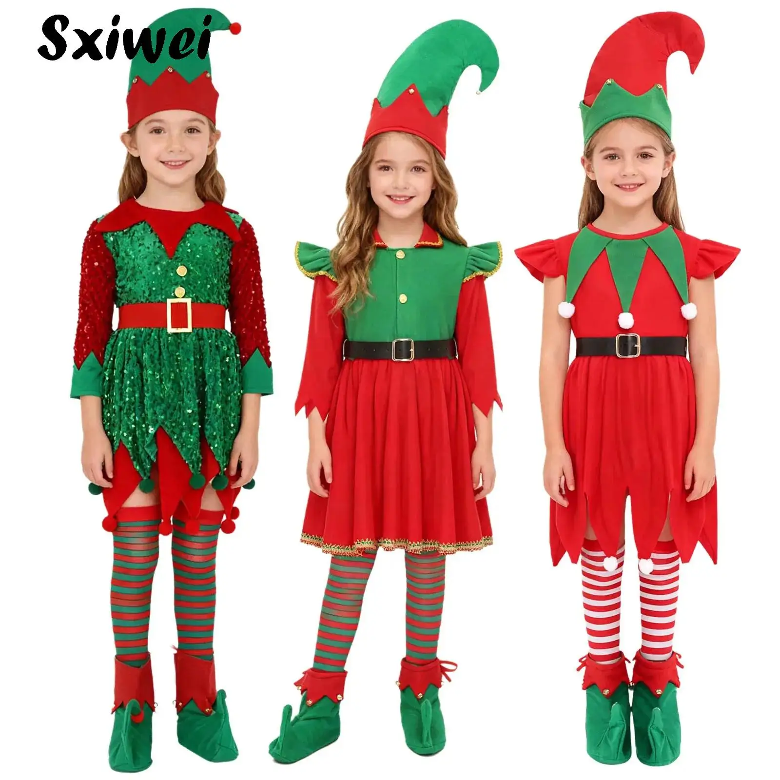 

Elf Childrens Christmas Fancy Dress Costume Outfits Sequins Velvet Girls Santa Claus Cosplay Elf Hat Shoes Belt Socks Party Suit