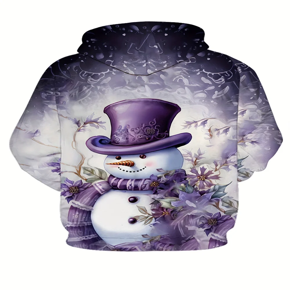 

Holiday Christmas Snowman Hoodie Cute 3D Printed Design Purple Christmas Theme Knitted Fabric Pocket Women's Hoodie Daily Work