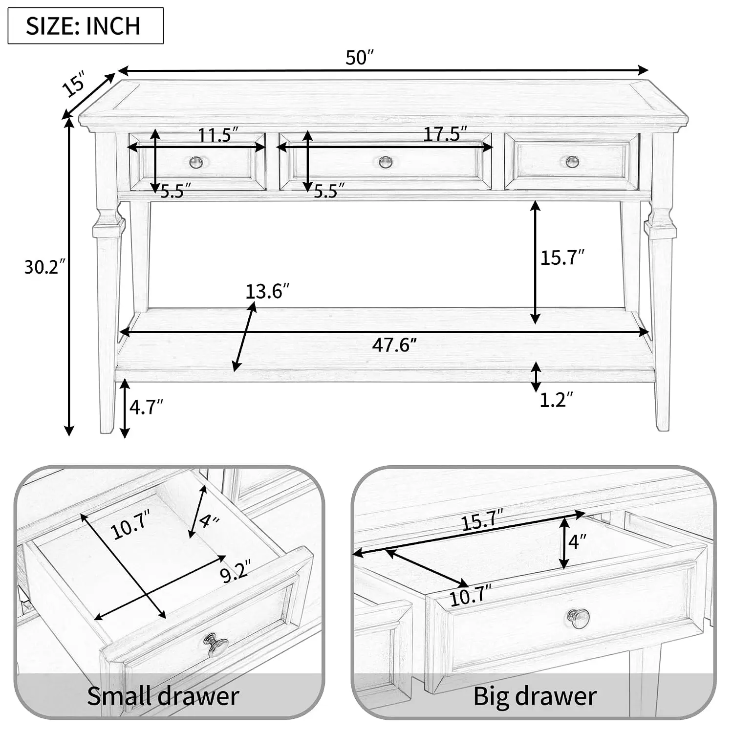 Retro Console Table with Storage Drawers & Bottom Shelf, Solid Wood Frame Sofa Table for Living Room, Espresso, Customized