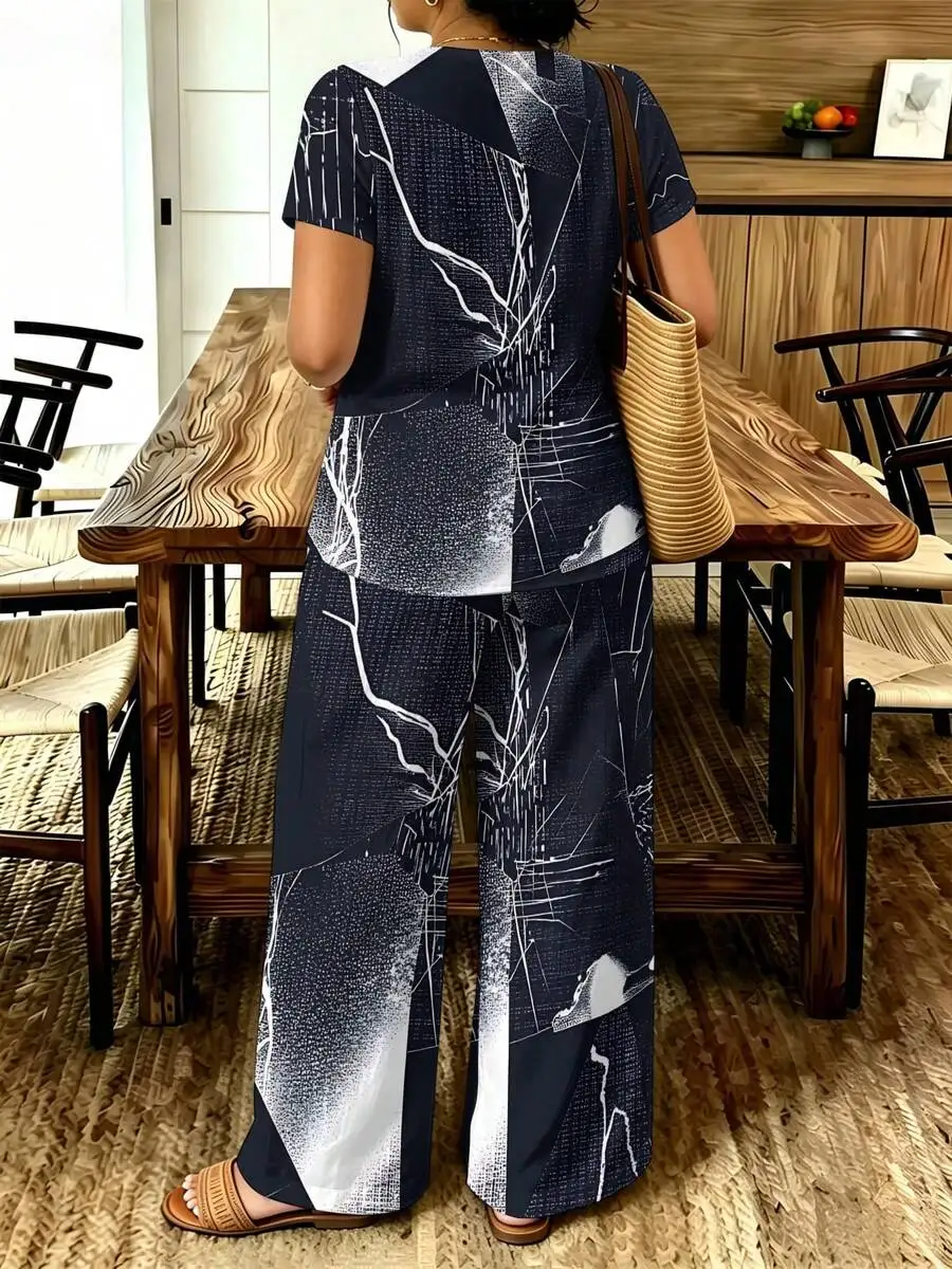 

Abstract Geometric Print Womens V-Neck Short Sleeve Top And Wide Leg Pants Set Casual Outfit