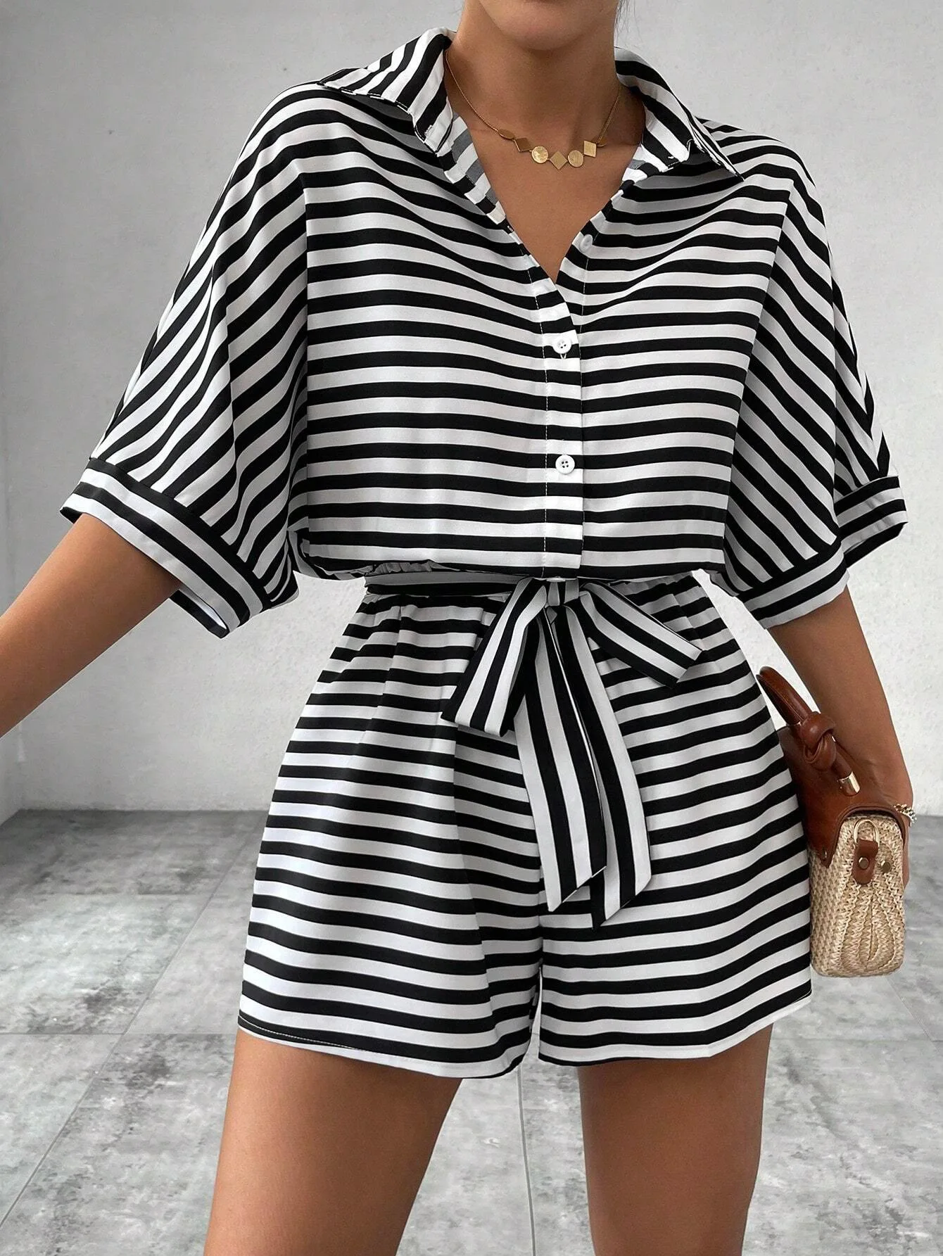 2025 Summer Casual Shirt Two Piece Set For Women Shorts 2 Piece Sets Outfit Stripe Short Sleeve Short Sets Outfits Home Sets