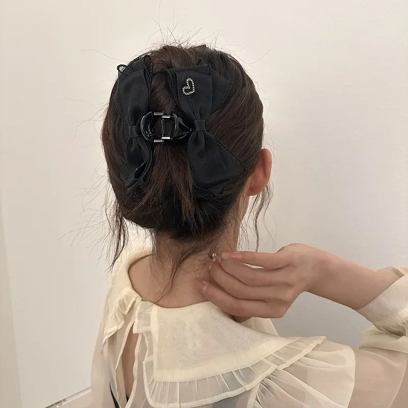 Mesh Lace Big Bow Hair Claw Clamp Ribbon Black White Two-sided Hair Clip Claw Clamp Headwear Girls Women Hair Style Accessories