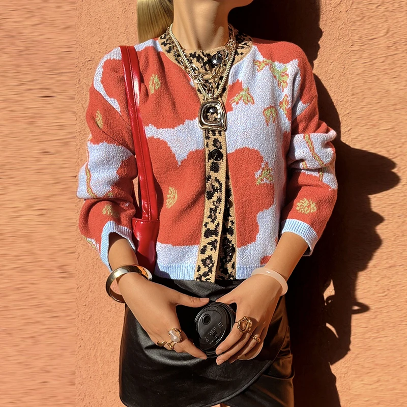 الشتاء عادية كم طويل معطف الشارع سترة أنيقة زر ليوبارد طباعة معطف خارجي الخريف المرأة موضة س الرقبة محبوك معاطف #5