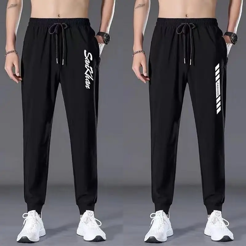 Men's Casual Large Size Ice Silk Pants Summer Trendy Loose Elastic All-Match Cuffed Pants Wear-Resistant Sports Long Trousers