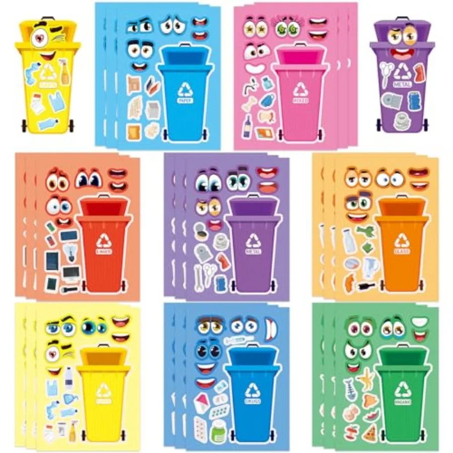 24 Sheets Recycling Bin Make a Face Sticker, Make Your Own Trash Bin Stickers Mix and Match Sticker for Home School Classroom C
