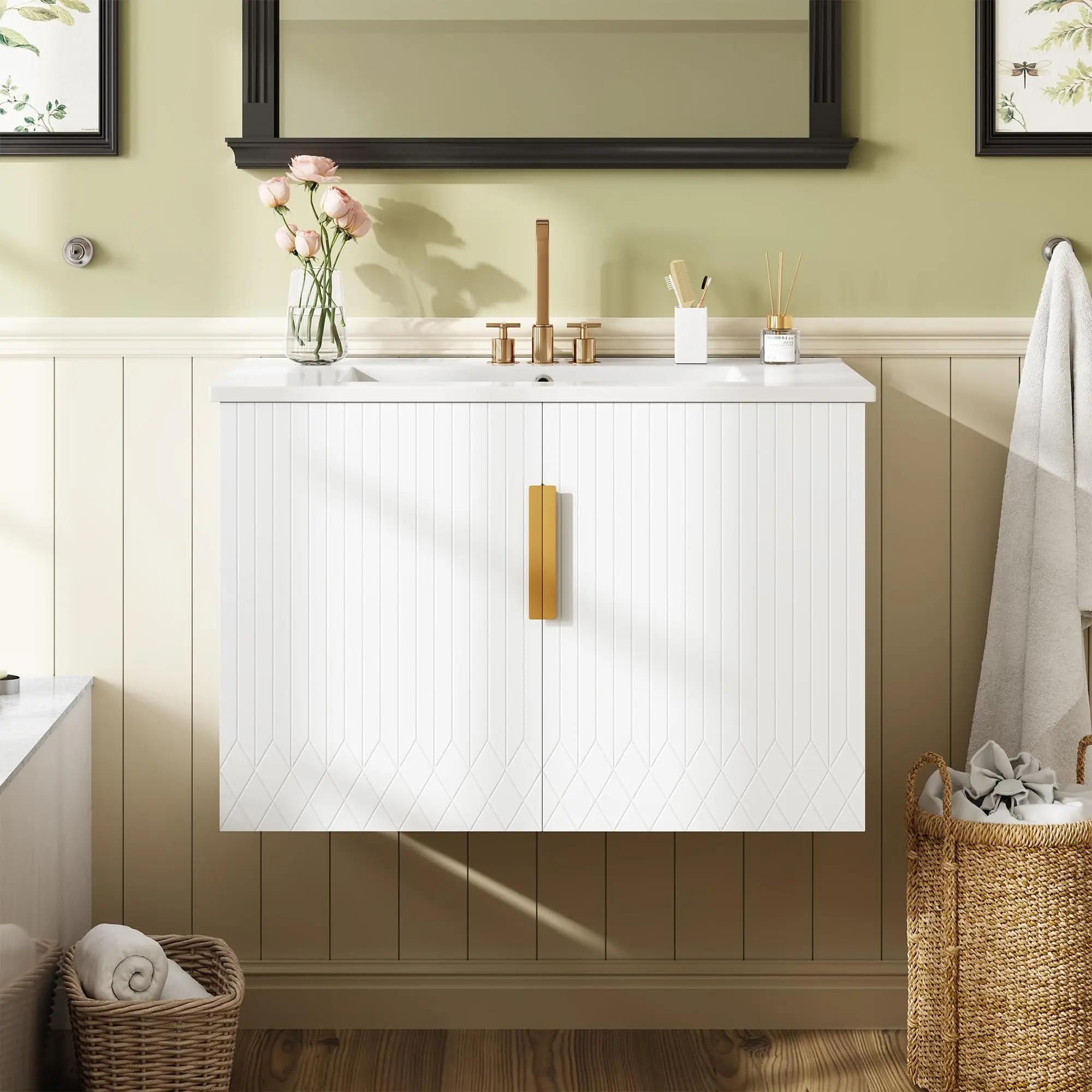 30 Inch Bathroom Vanity with Sink, Wall Mounted Fluted Bathroom Storage Cabinet with 2 Doors and Ajustable Shelf