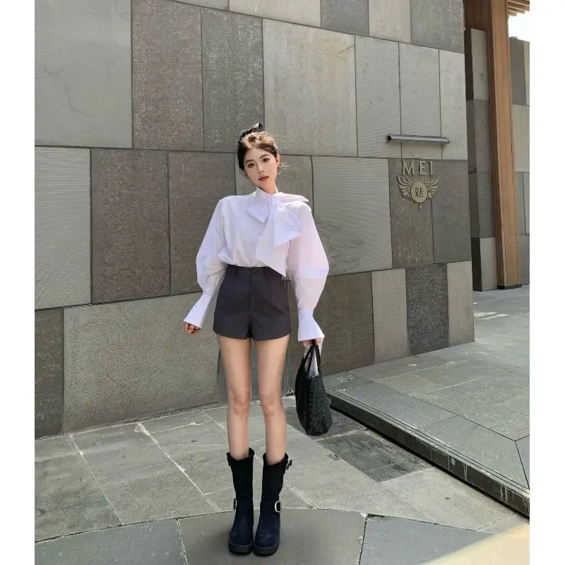 White Bow Lacing All-match Blouse Spring New Long Sleeve Simplicity Loose Korean Shirt Tops Fashion High Street Women Clothing