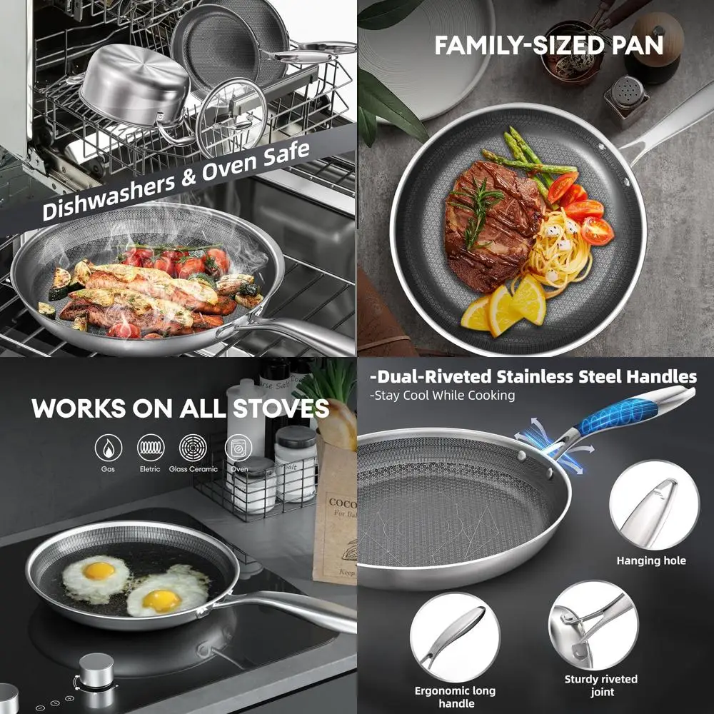 

12-Inch 3-Ply Stainless Steel Hybrid Nonstick Frying Pan with Even Heat and Cool Handle, Oven and Dishwasher Safe, Induction Rea