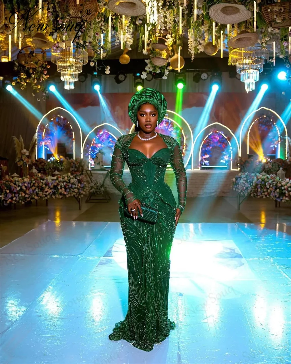 Afrikanische Grüne Meerjungfrau Prom Kleider Angepasst Lange Ärmel Perlen Abendkleid Aso Ebi Hochzeit Party Kleider Vestidos De Cóctel