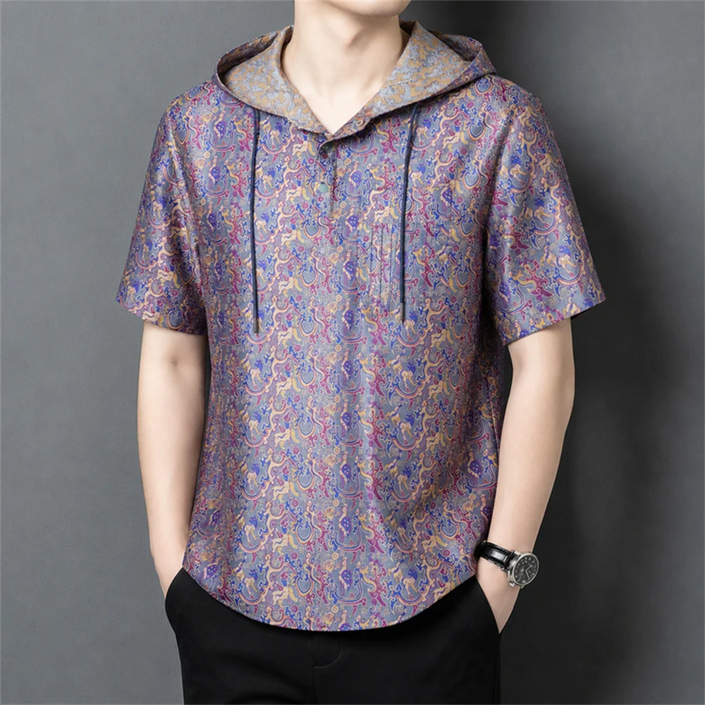 Hooded Neck Premium T Shirt For Men Short Sleeved Real Silk 100% Summer Quality Skin-Friendly Coolness Satin Camisetas De Hombre