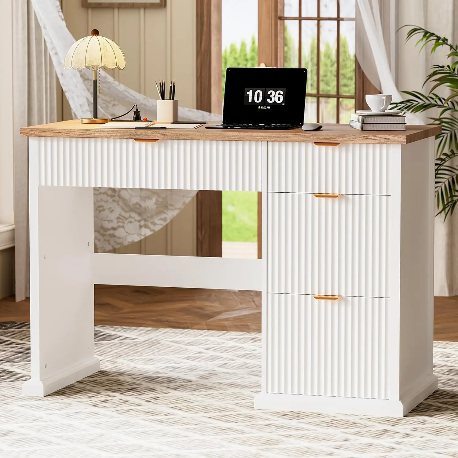 Fluted Executive Wooden Computer Desk With File Drawers & Storage, Office Workstation, Customized