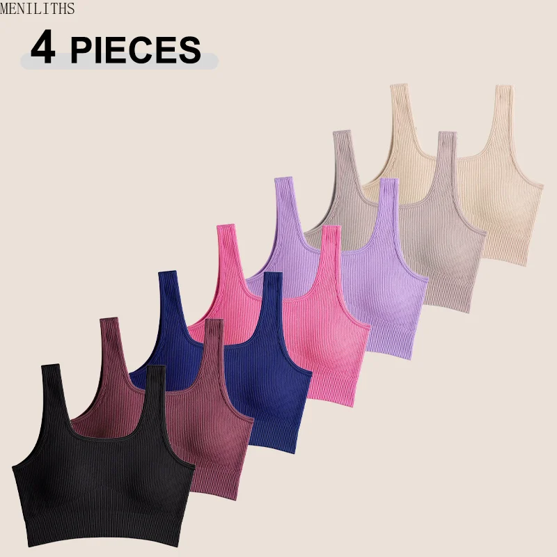 4Pcs/Set Seamless Yoga Gym Tank For Women Solid Color Ribbed Removable Chest Pad Workout Vest Female High Strength Sport Bra New