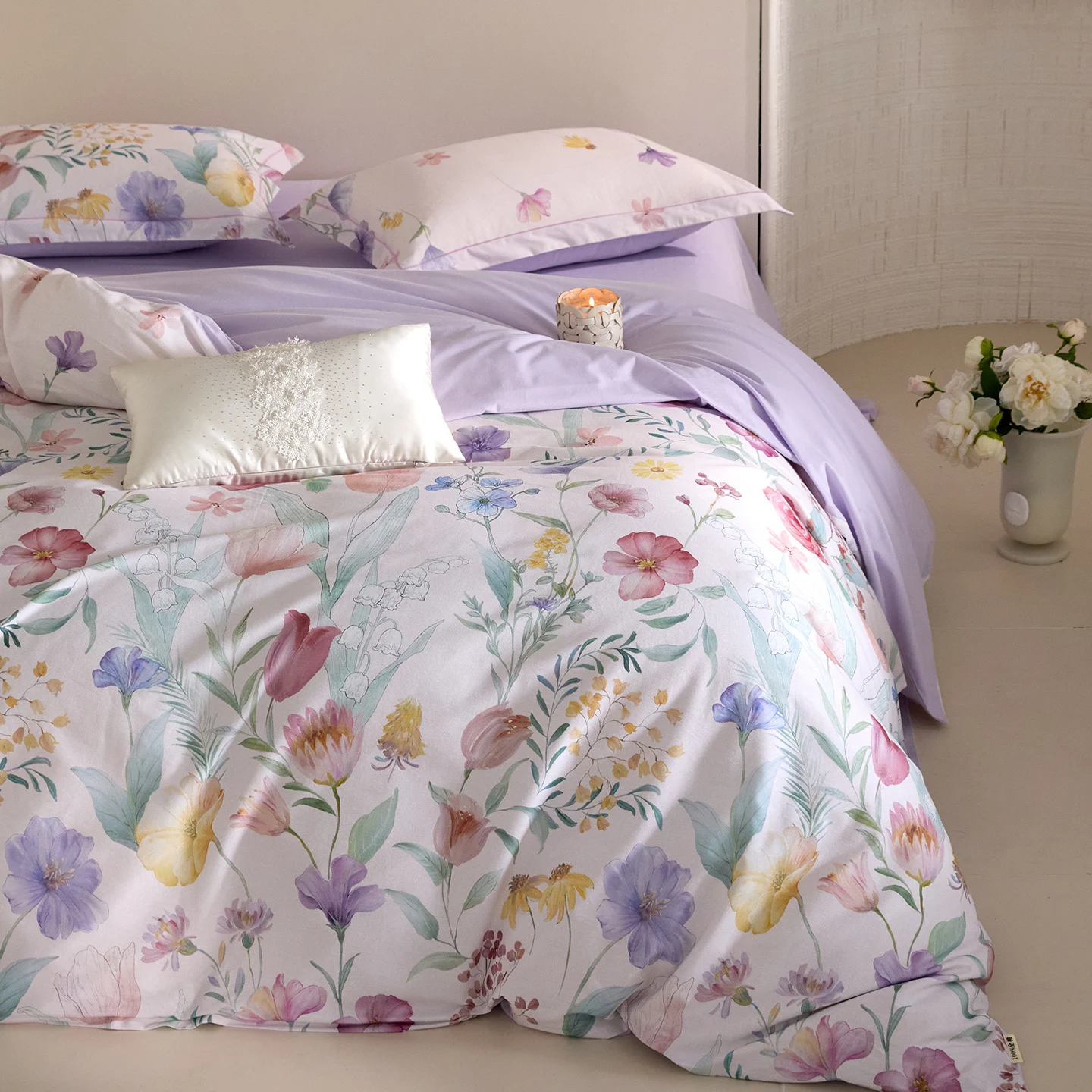100% Cotton Bedding Set Brushed Flowers Taro Purple Duvet Cover Set Soft Cozy Sheet Set King Queen Size for Bedroom Decoration