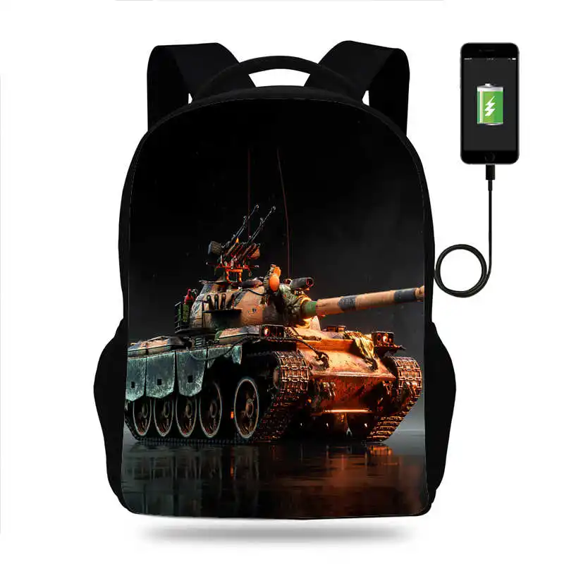 Sac à dos avec port de charge USB pour adolescents, sac d'école de grande capacité pour garçons, imprimé War Thunder, Tanks of World