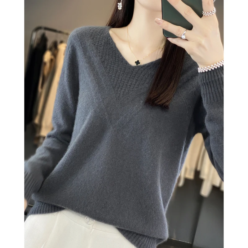 Line Of Clothing 100% Pure Wool Sweater Women\'s V-neck Hollowed-out Hook Long Sleeve Sweater Loose Wool Sweater Style Base Top