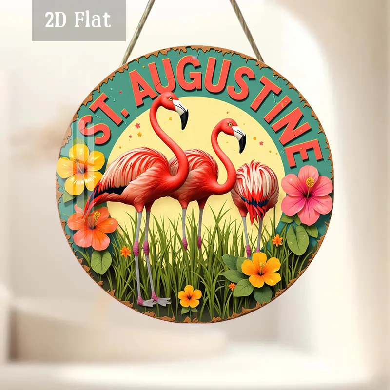 2D Flat - 1pc Tropical Flamingo Woodblock Printing Decoration, St. Augustine Round Wall Decor Summer Vibes Round Wooden Decorati
