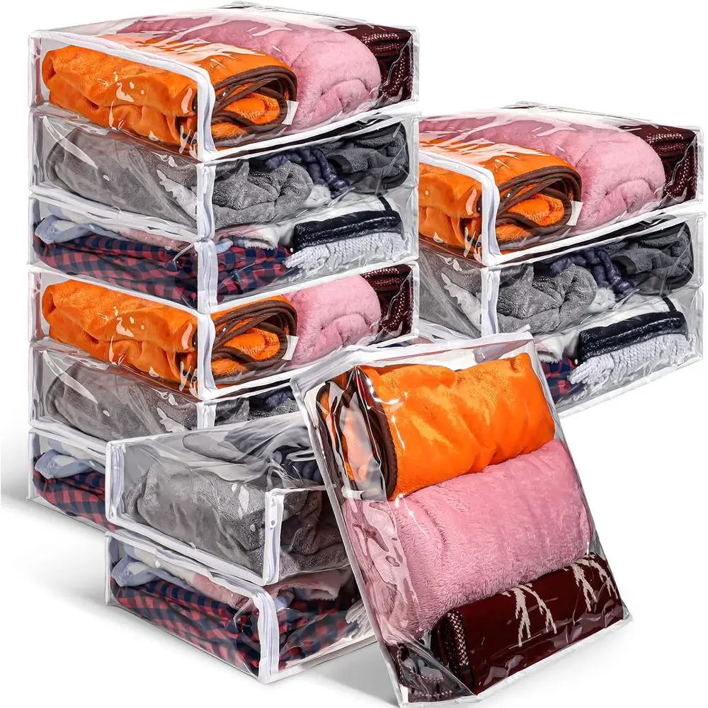 

12 прозрачных виниловых пакетов на молнии для хранения, 15,8 x 13,8 x 4 дюйма, для хранения свитеров, пластиковые, с застежкой-молнией, защита от моли, для хранения постельного белья