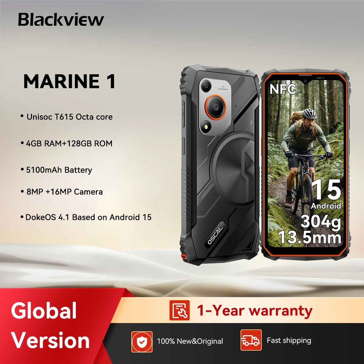 Blackview Oscal MARINE 1 Rugged Smartphone 6.56 inch HD+ Display Unisoc T615, 5100mAh, Gemini Al,Ultra-thin Cellphone Android 15