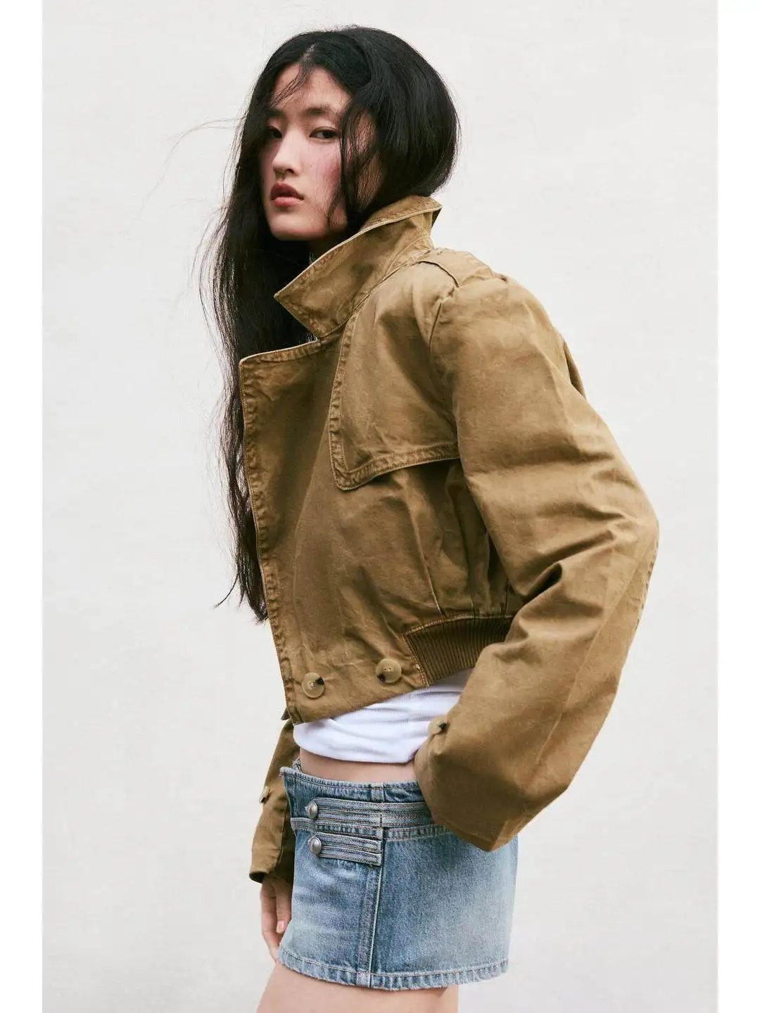 Washed Short Windbreaker Casual Double-breasted Elastic Hem Buckle Spring New Arrival Women's Polyester Fiber Long Sleeve Coat