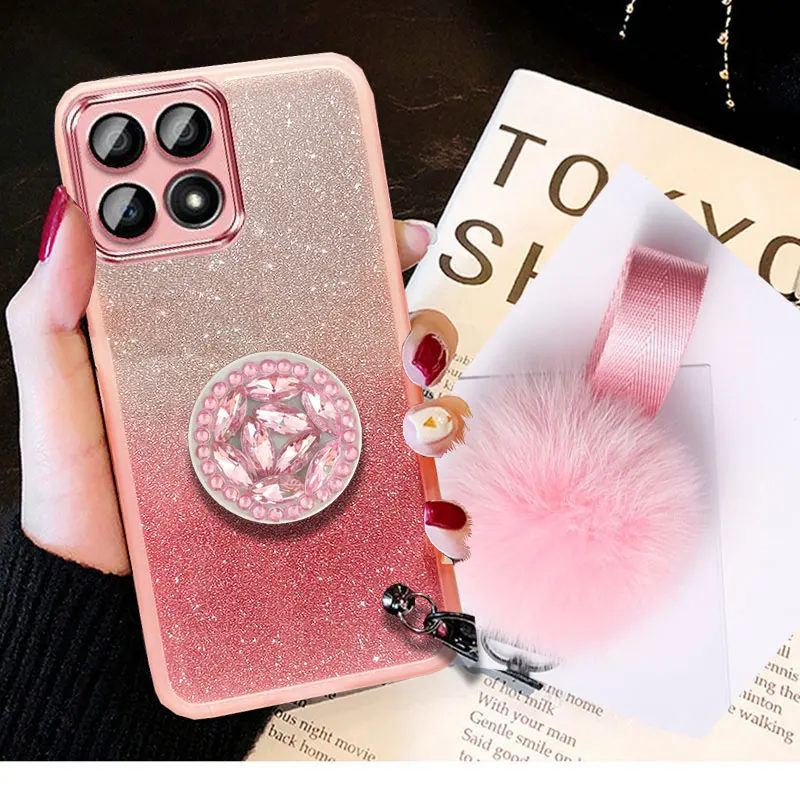 HonorX8 5G Luxury Fur Ball Lanyard Case For Huawei Honor x6 x6s x8 5G x6a X8a X7a Glitter Case Honorx6 With Diamond Holder Cover