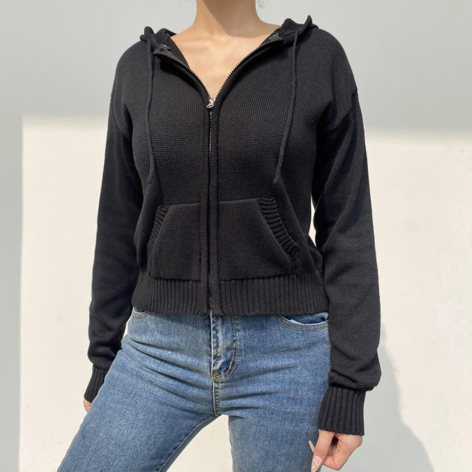 Women’s Clothing Trendy Vintage Autumn Zip Knit Hoodies, Casual Daily Solid Color Long Sleeve Drawstring Sweatshirts