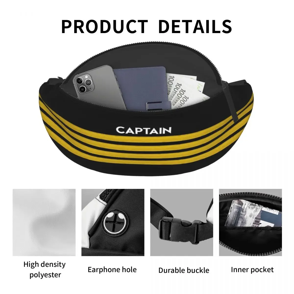 Captain Stripes Epaulettes Fanny Bag Customized Aviation Airplane Pilot Crossbody Waist Pack Women Men Running Phone Money Pouch