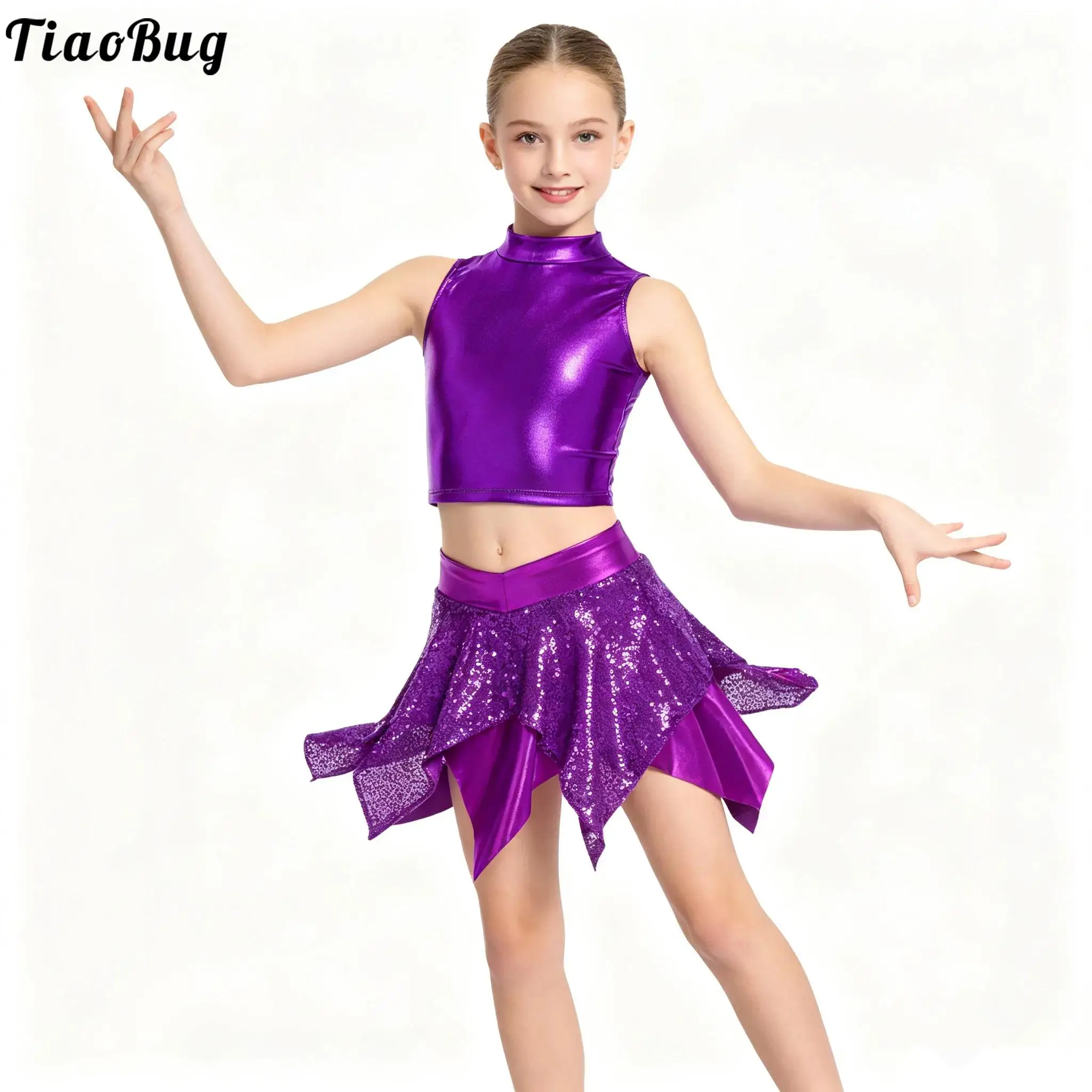 Kids Girls Hip Hop Jazz Dance Outfit School Show Cheerleading Costume Sleeveless Metallic Crop Tops with Shiny Sequins Skirt