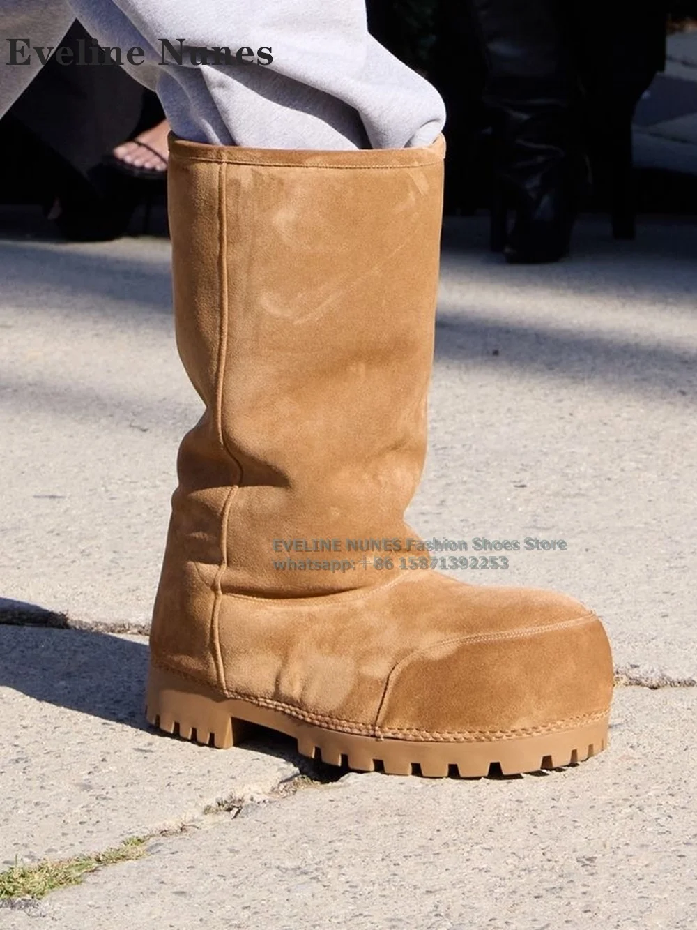 Brown Big Round Toe Fur Knee-High Boots Thick Sole Pull On Warm Winter Couple Plus Size Snow Boots 2024 New Arrivals Comfortable