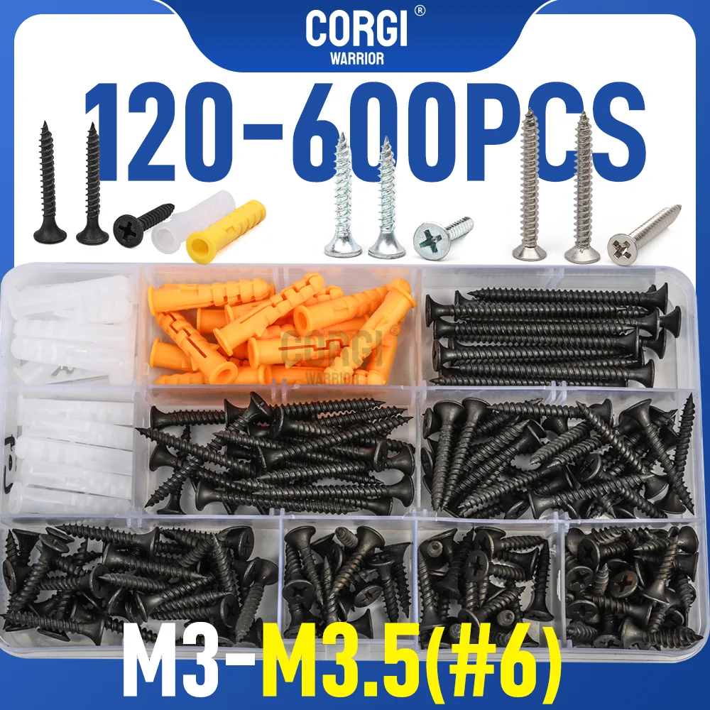 Kit surtido de tornillos para paneles de yeso de alta dureza 120-600 # 6 M3 M3.5 Phillips Tornillo de madera autorroscante plano de hierro galvanizado blanco y negro