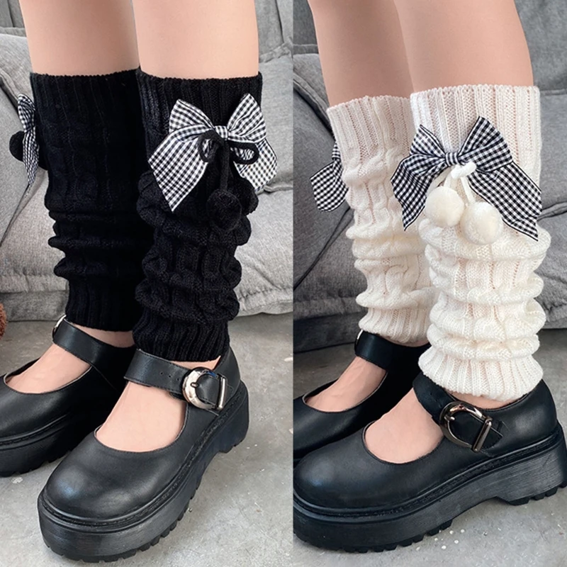 

Japanese Women Twist Knit Leg Warmers Harajuku Student Plaid Bow Hair Ball Boot Cover Winter Warm Calf Socks