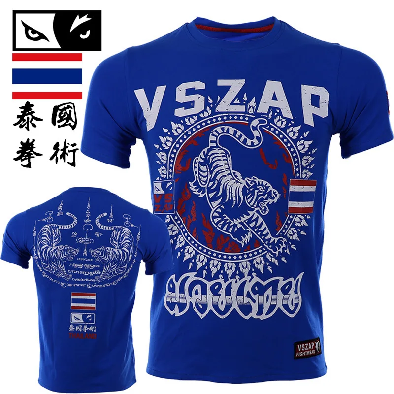 Vszap Tiger Thai Boxing Pure Cotton Men's T-shirt Sports Fitness short-sleeved Boxing Sanda MMA Wushu jujitsu fitness suit