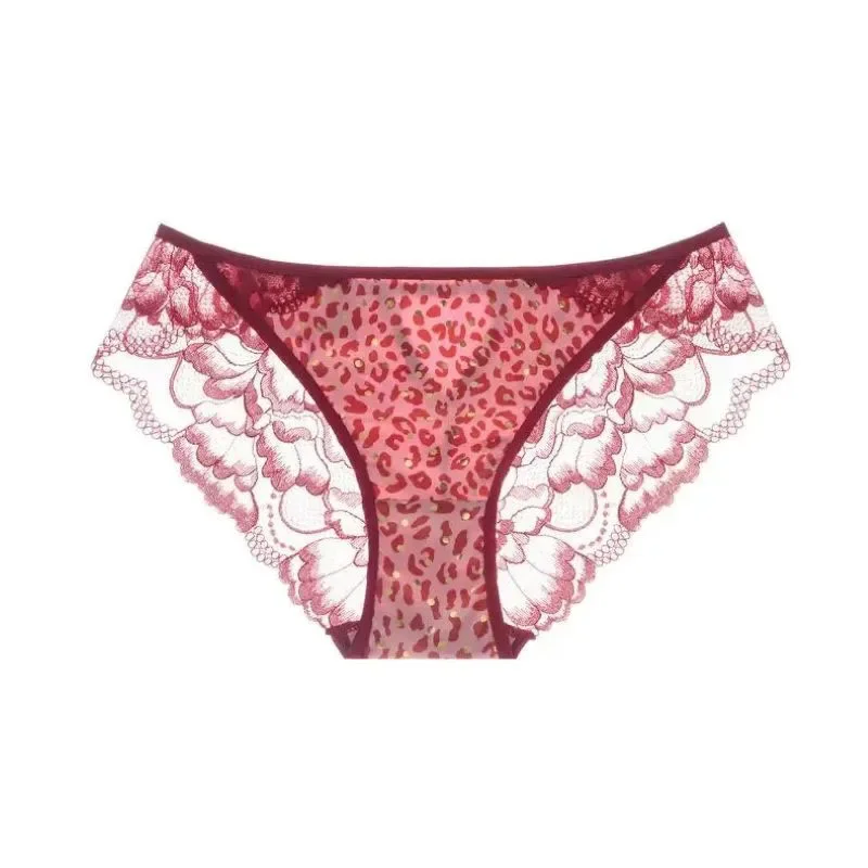 

Women's Mulberry Silk Lace Underwear Leopard Pattern Sexy Transparent Briefs Middle Waist Comfortable Lingerie Erotic Panties