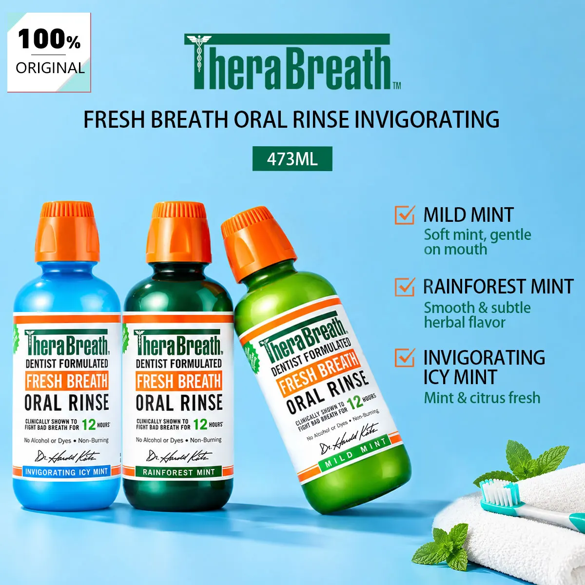 TheraBreath Fresh Breath Oral Rinse Invigorating 473ml,Mild Foam Less TexturHydrating Moist Oral Rinse,Smooth Even Liquid Spread