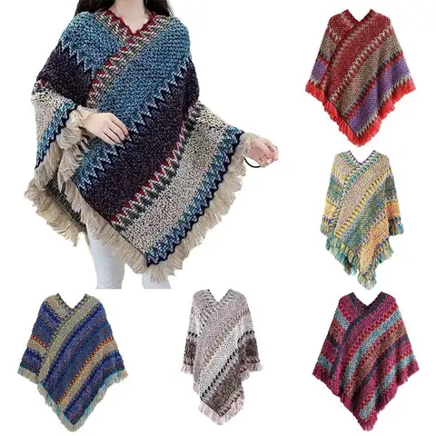 Fashion Coat Overlays Winter Warm Mongolian Poncho Ethnic Style Striped Knitting Wraps Polyester Pullover Tassel Shawl for Women