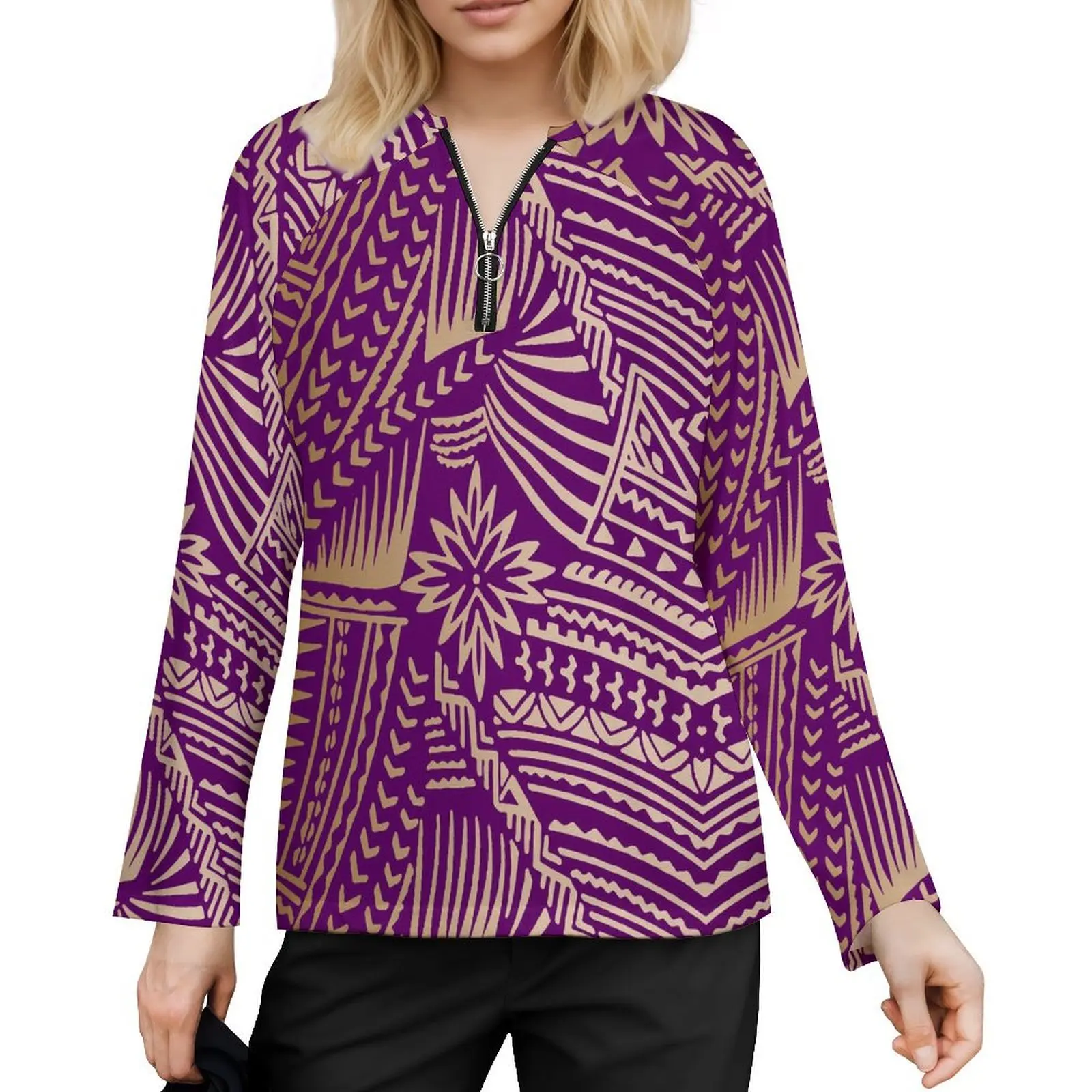 

Custom Wholesale Women'S Clothing Skin Friendly Soft Long Sleeve Top V-Neck Zipper Neckline Fashion Women'S Polynesian Clothing