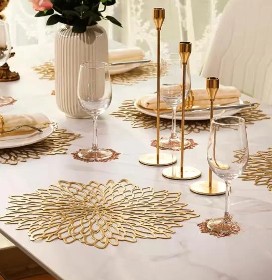 PVC Placemat Gold 38x38x1cm with Gilded Edge Hibiscus Motif Heat Resistant Non Slip for Modern For Dining Table