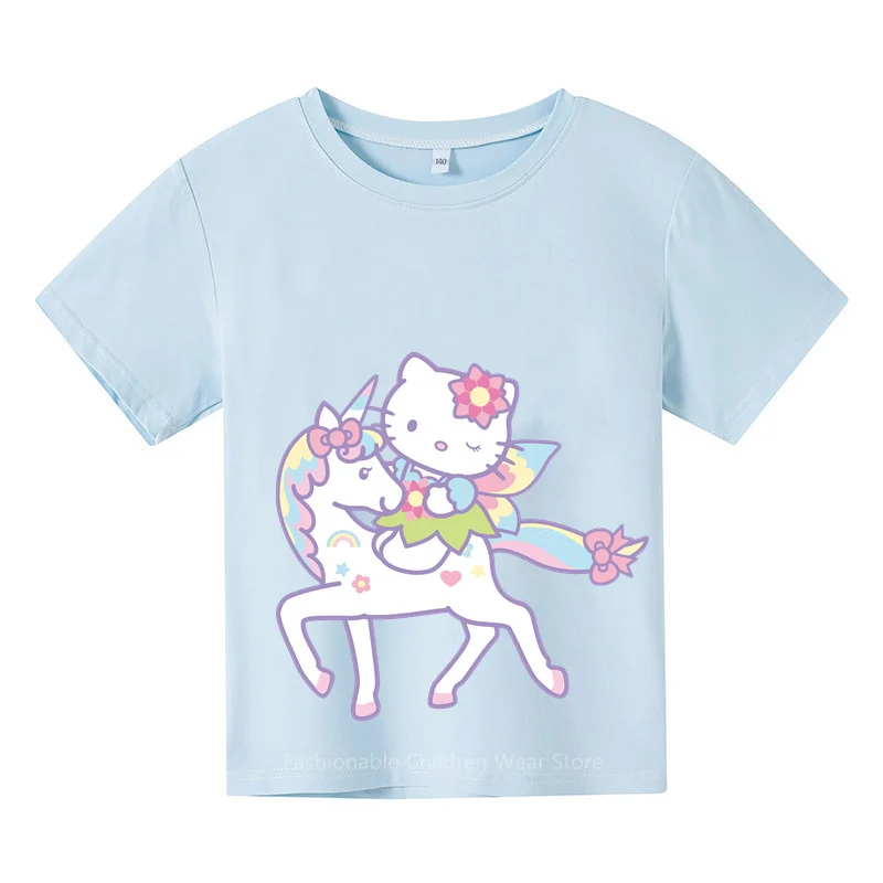 

Summer Fun with Hello Kitty T-shirt Cute Cartoon Print Cotton Casual Short Sleeve Tops for Boys Girls Kids Fashion Wear